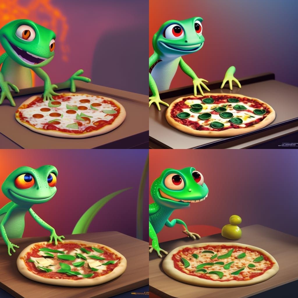 Gecko Bakes Pizza with Shockwave, 3D Digital Art