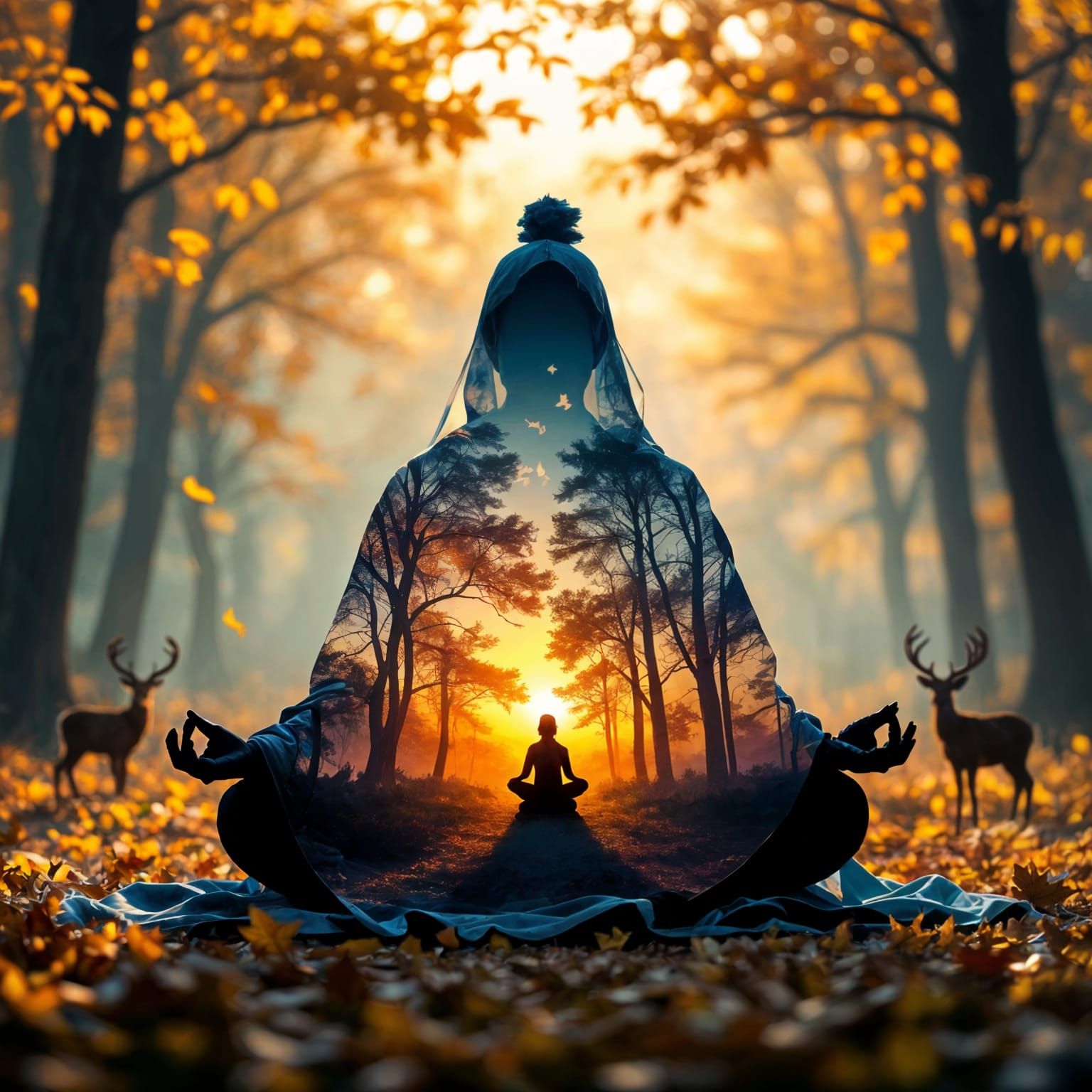 Futuristic Spirit Guide Meditation Neon Cloak Autumn Forest