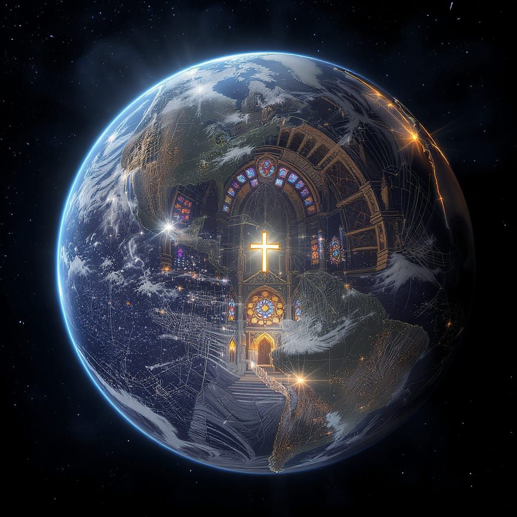 Hyperrealistic Church Globe with Glowing Cross