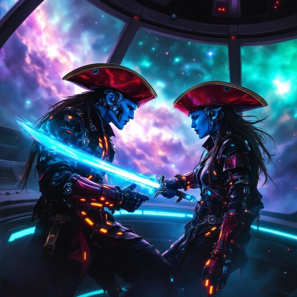 Cyberpunk Warriors Duel in Neon Nebula