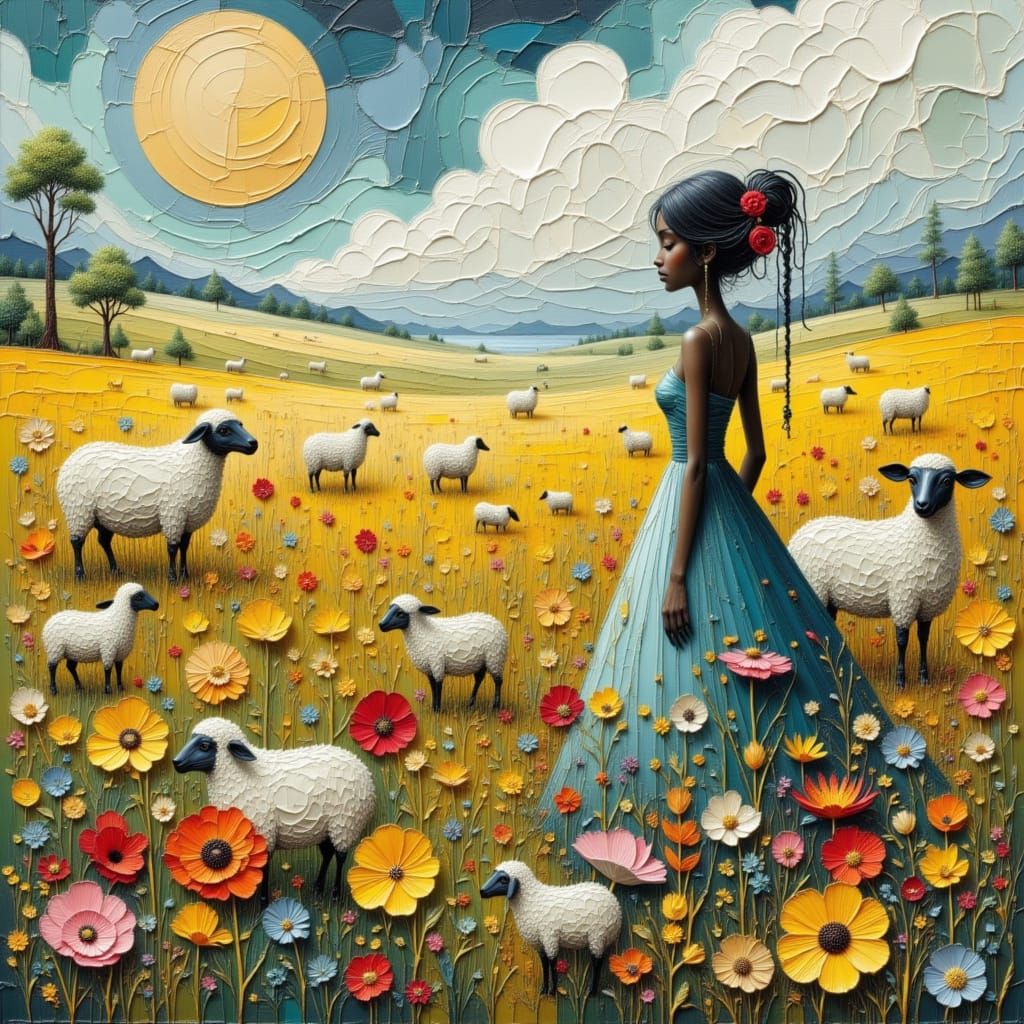 Surreal Female Figure in Wildflower Meadow as Abstract Art