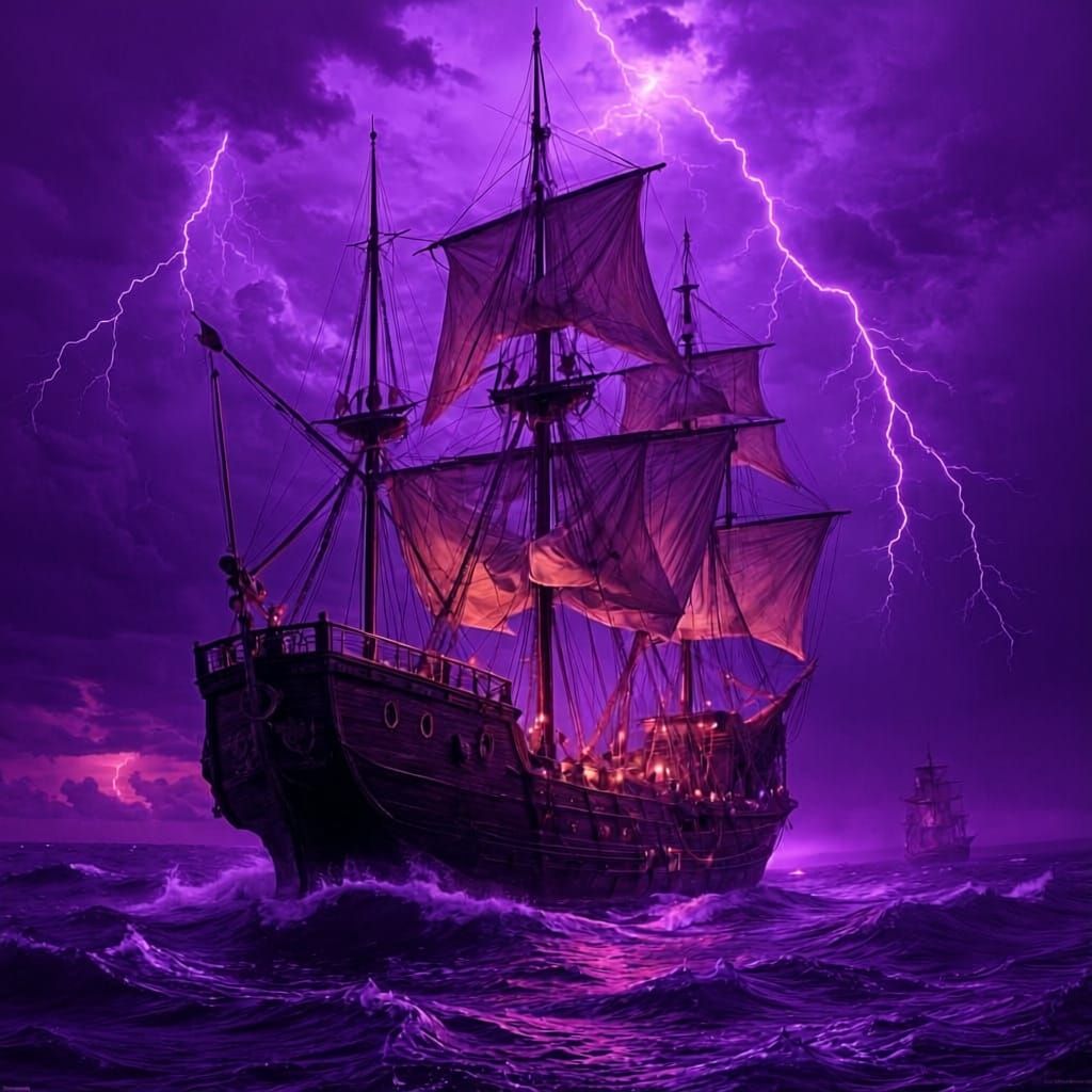 Pirate Ship Amidst Stormy Seas at Night