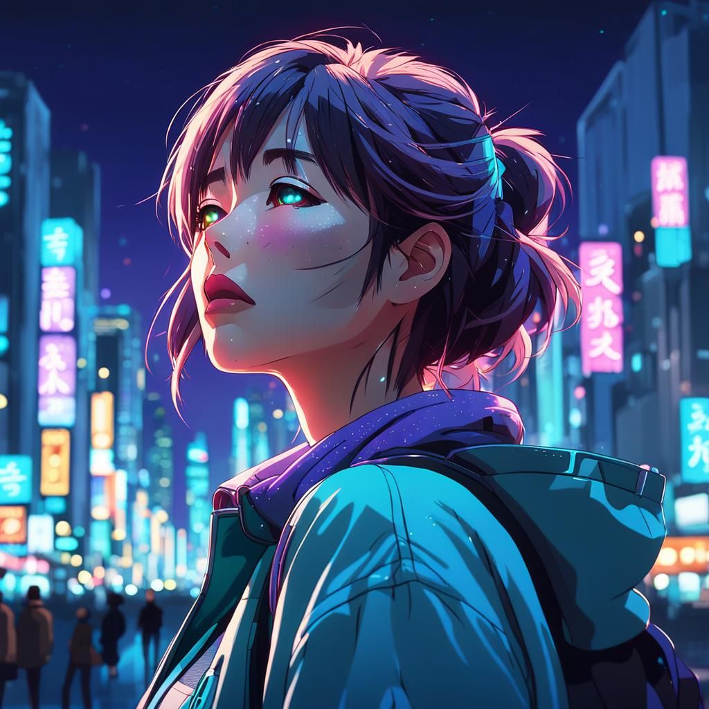 Anime Girl in Neon Cityscape: Makoto Shinkai Style