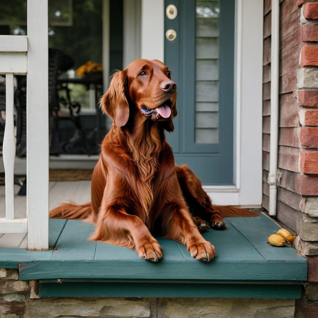 Loyal Irish Setter Waiting on the Porch