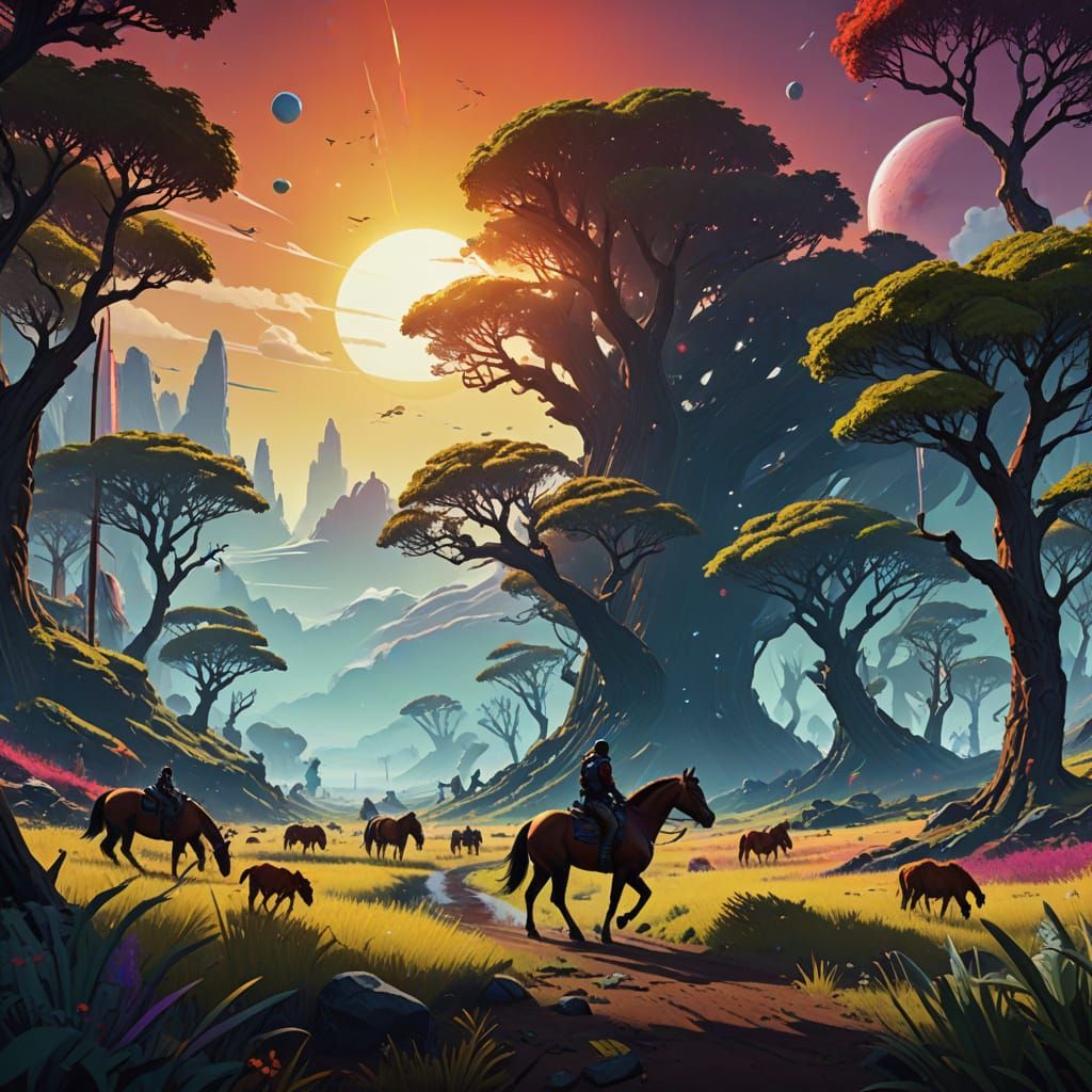 Majestic Horse Gallops in Dreamlike Landscape