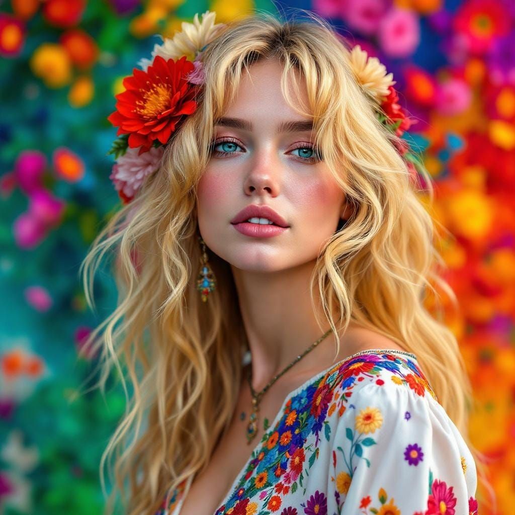 Hippie Lady Portrait with Flowers, Hyperdetailed Digital Art