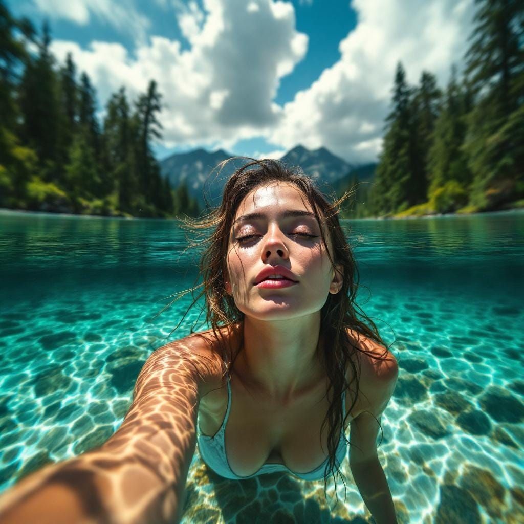 Underwater View: Woman Gazing into Clear Lake