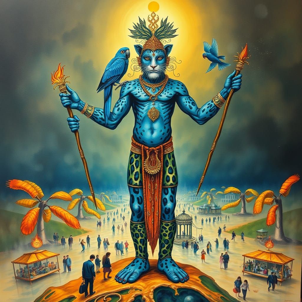 Blue Leopard Shaman in Surrealist Landscape