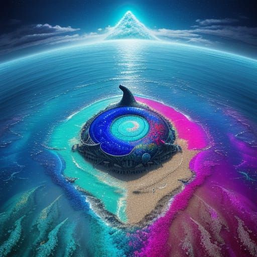 Surreal Whale and Crab Chat on Psychedelic Beach