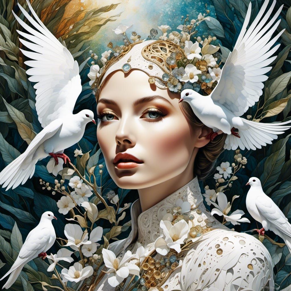 Striking White Dove Double Exposure Collage Art