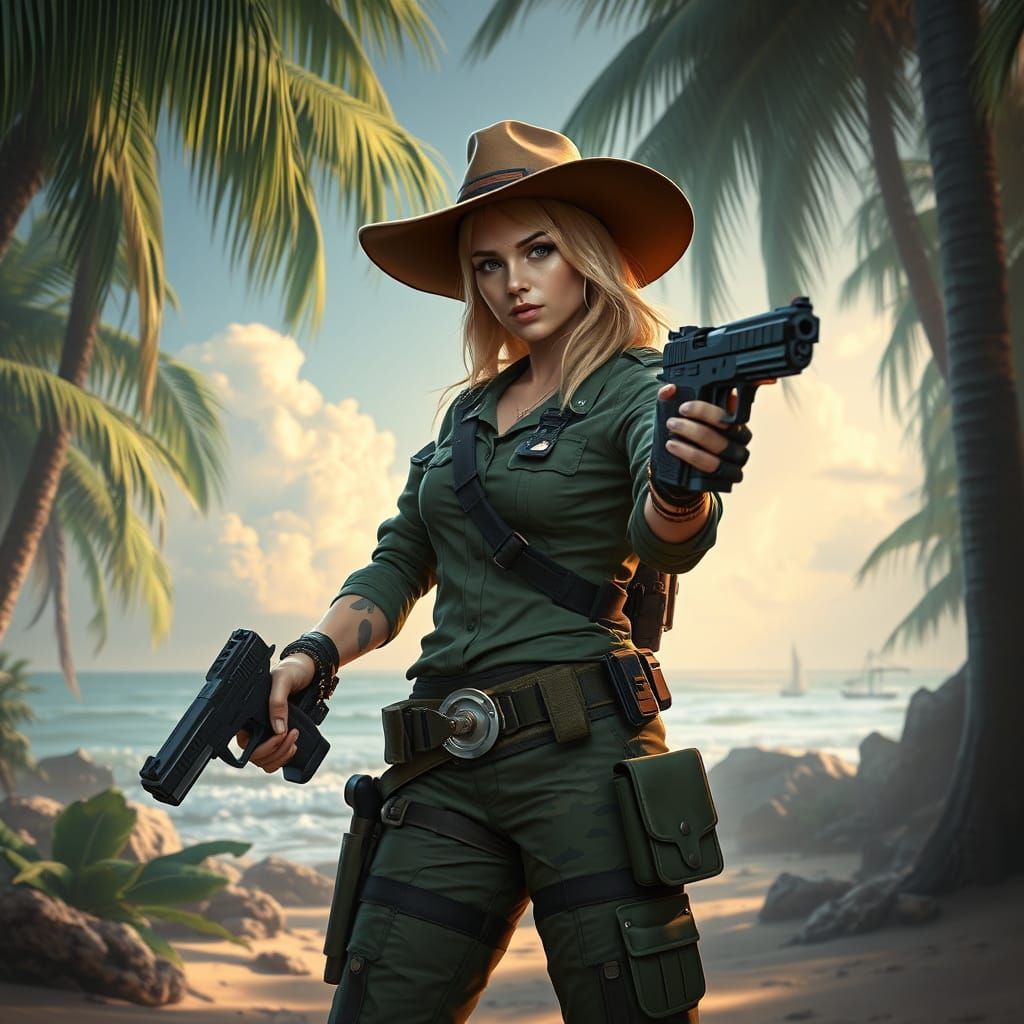 Ethereal Blonde Warrior Wields Sci-Fi Pistols in Tropical Ju...