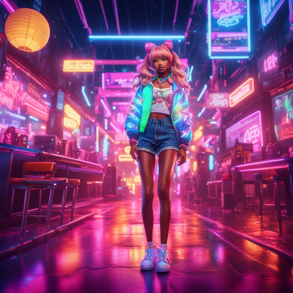 Gyaru in Neon Lights: Detailed Matte Painting