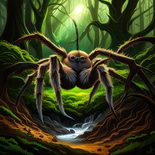 Creepy Giant Spider in Dark Forest, Digital Art