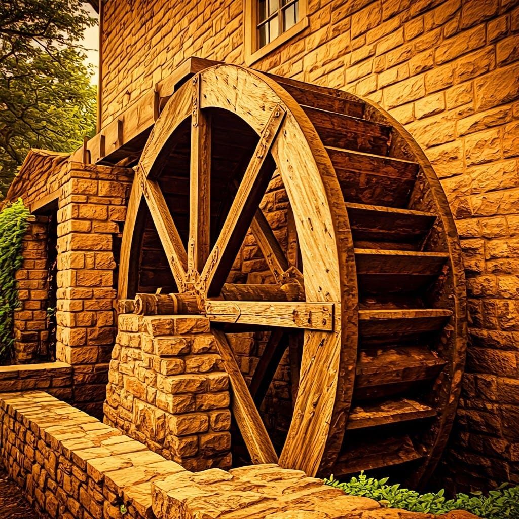 Ancient Water Wheel in Stylized Watercolor