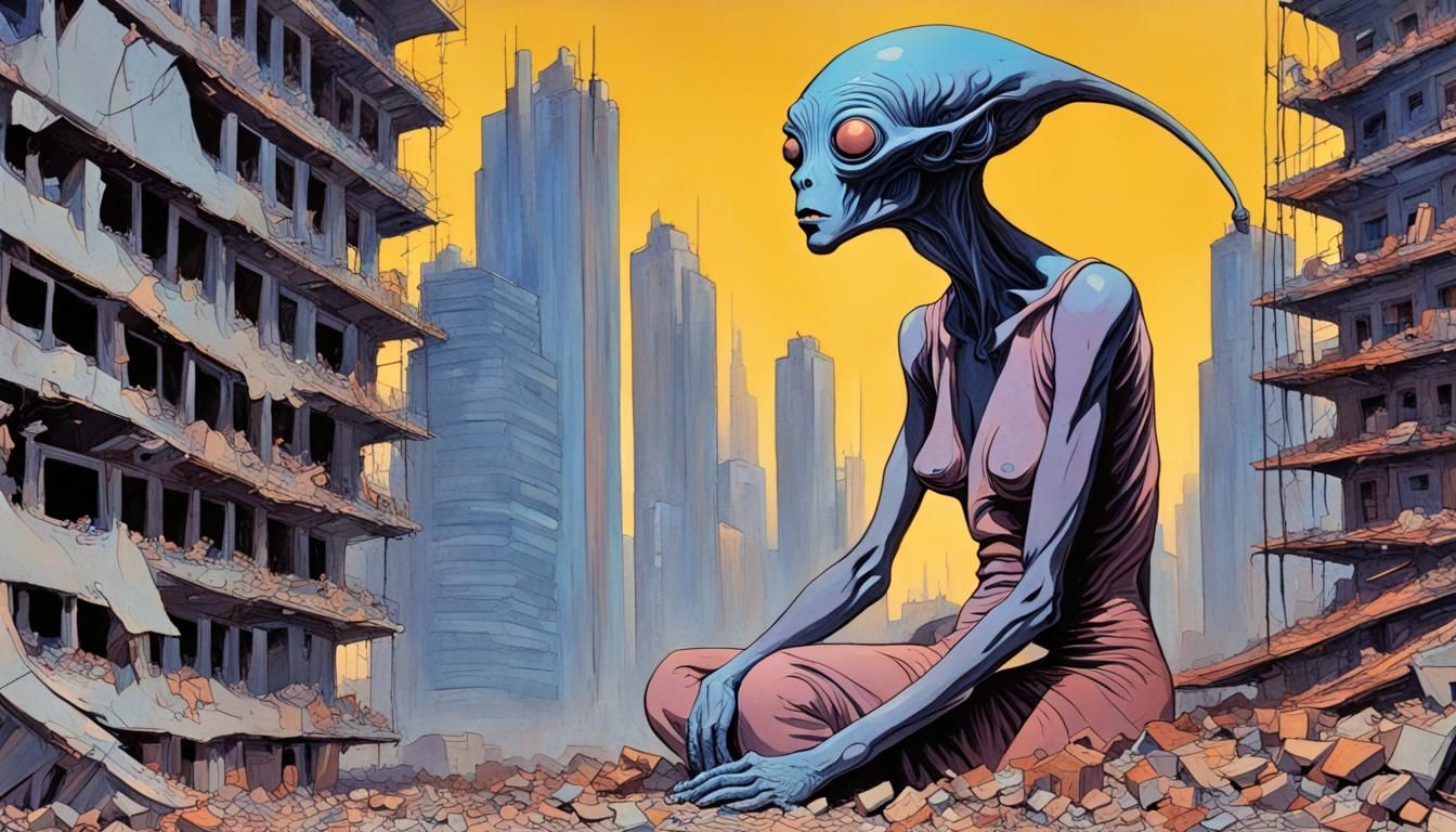 Abstract Alien Mother Protects Baby in Sci-Fi City