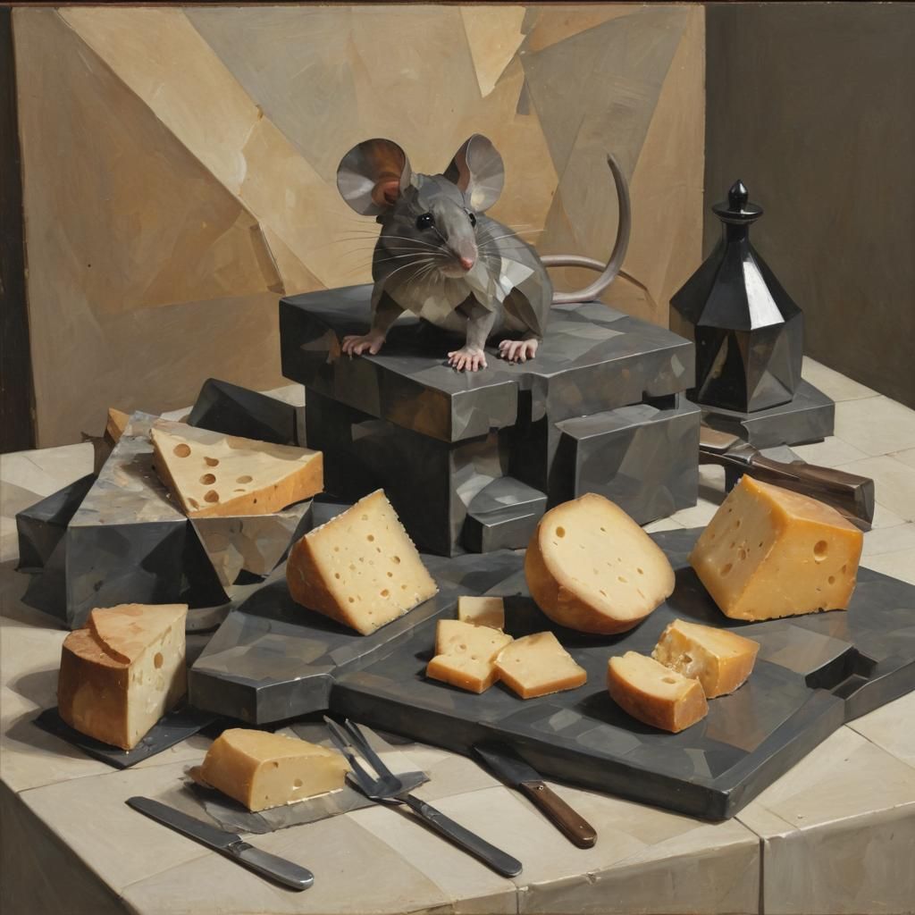 Cubist Mouse on Cheese Table in Geometric Style