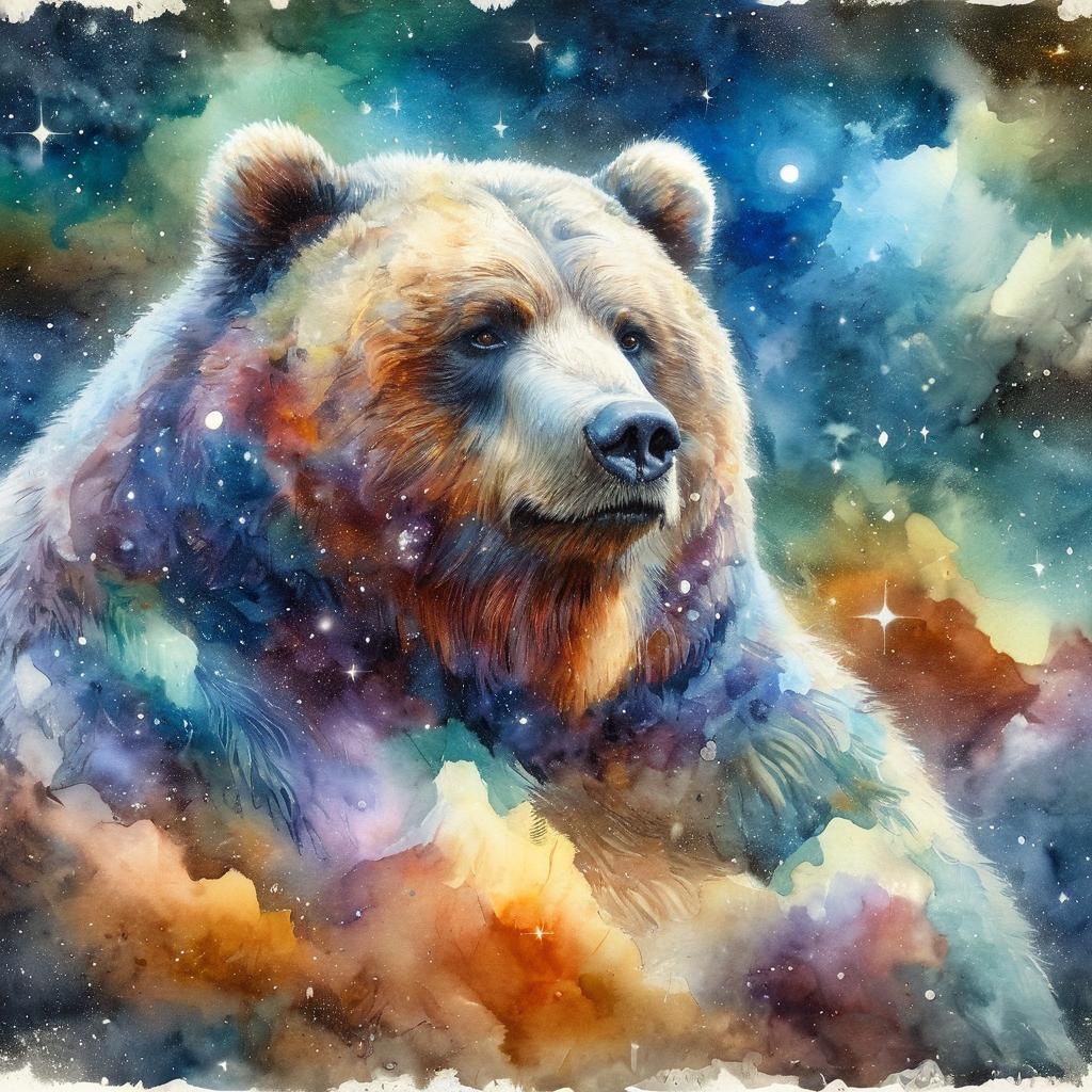 Concerned Kodiak Bear in Watercolor Mountain Twilight