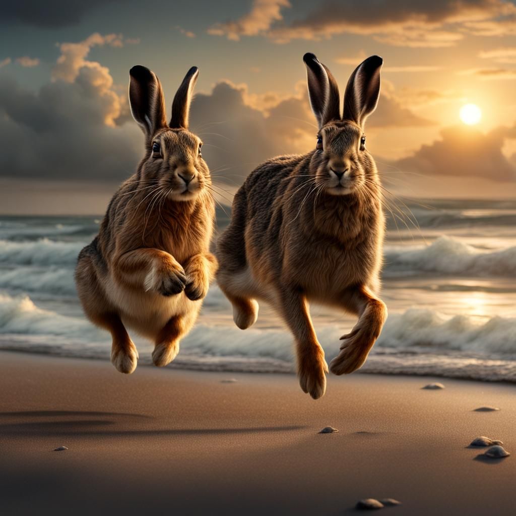 Hares at Sunset: A Dramatic Digital Painting