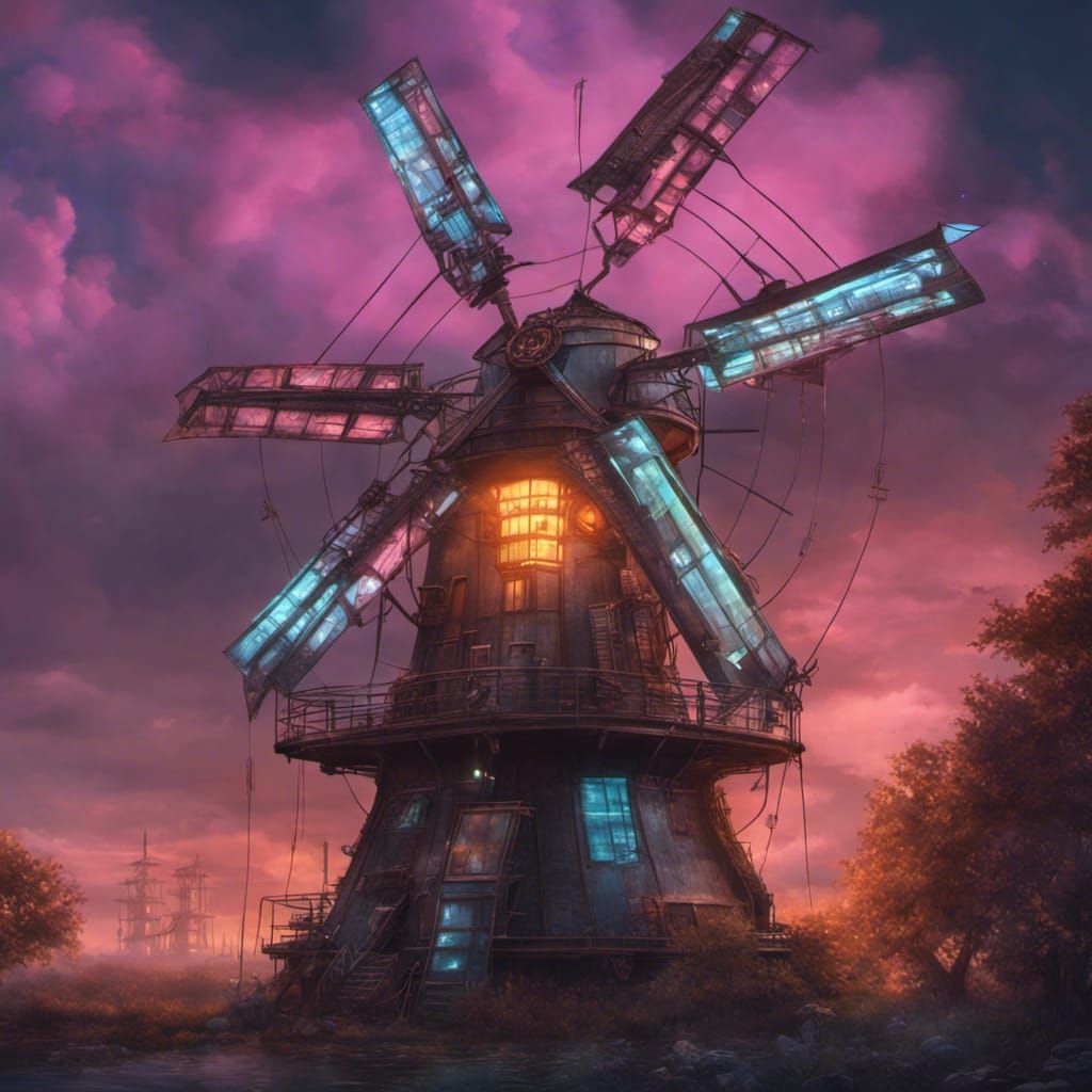 Steampunk Windmill on Industrial Landscape