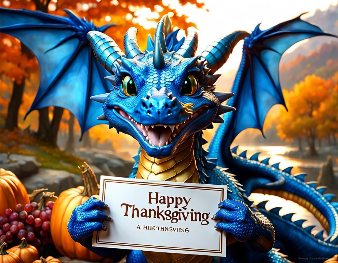 Adorable Blue Dragon's Thanksgiving Portrait in Anime Style