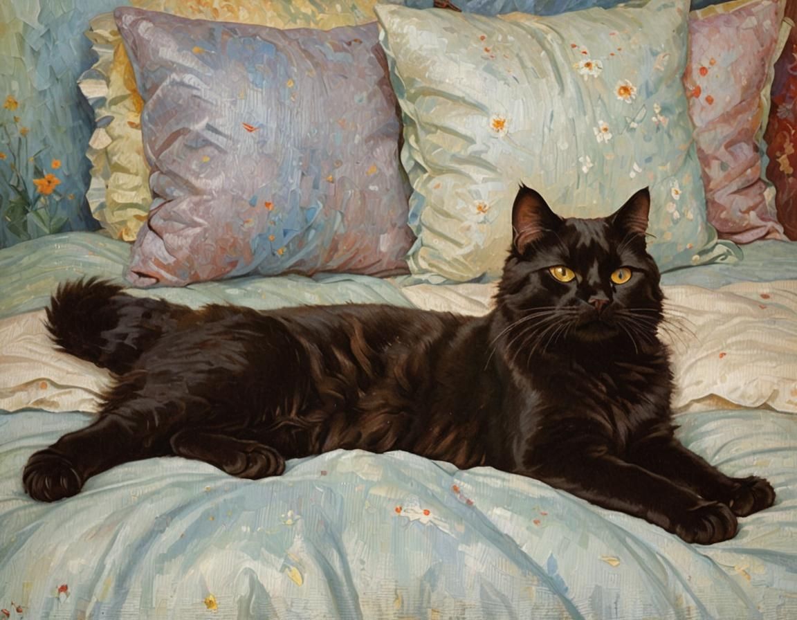 Black Cat Lounging in Neo-Impressionist Style
