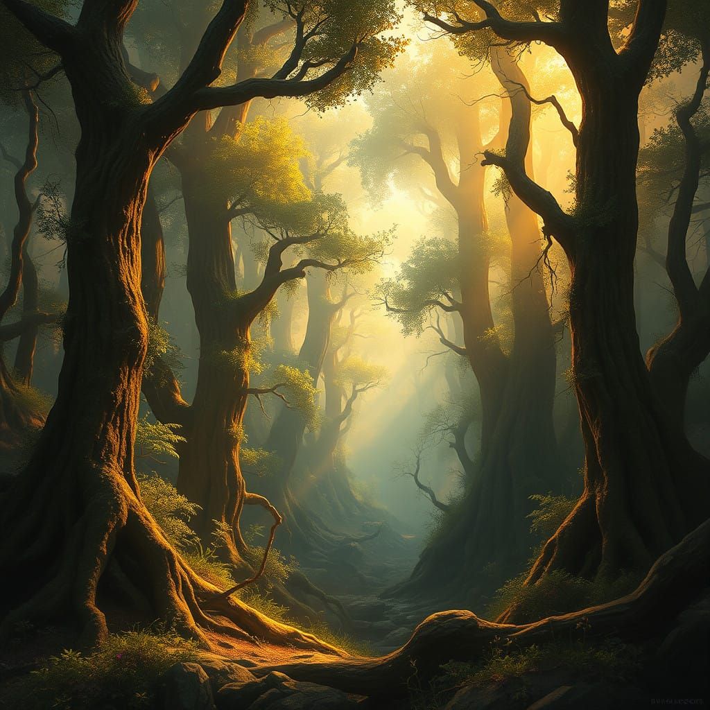 Ancient Forest Illuminated by Golden Light
