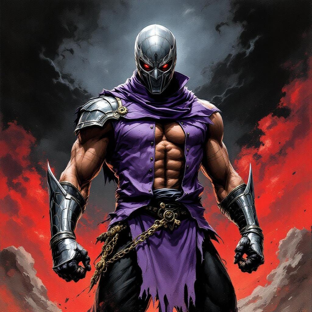 Menacing Armored Fighter in Ink Painting Style