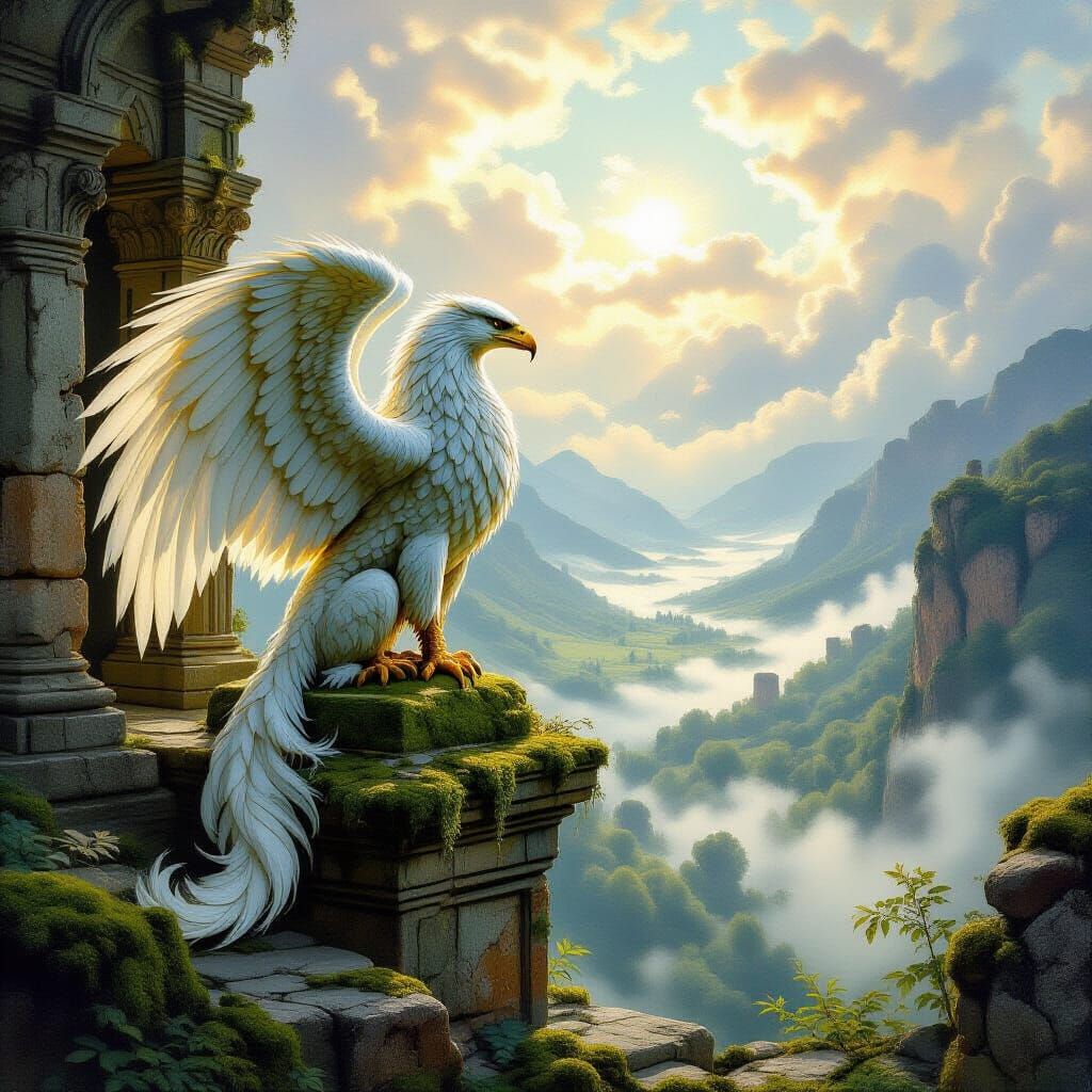Griffin Perched Atop Ruin in Neo-Impressionist Style