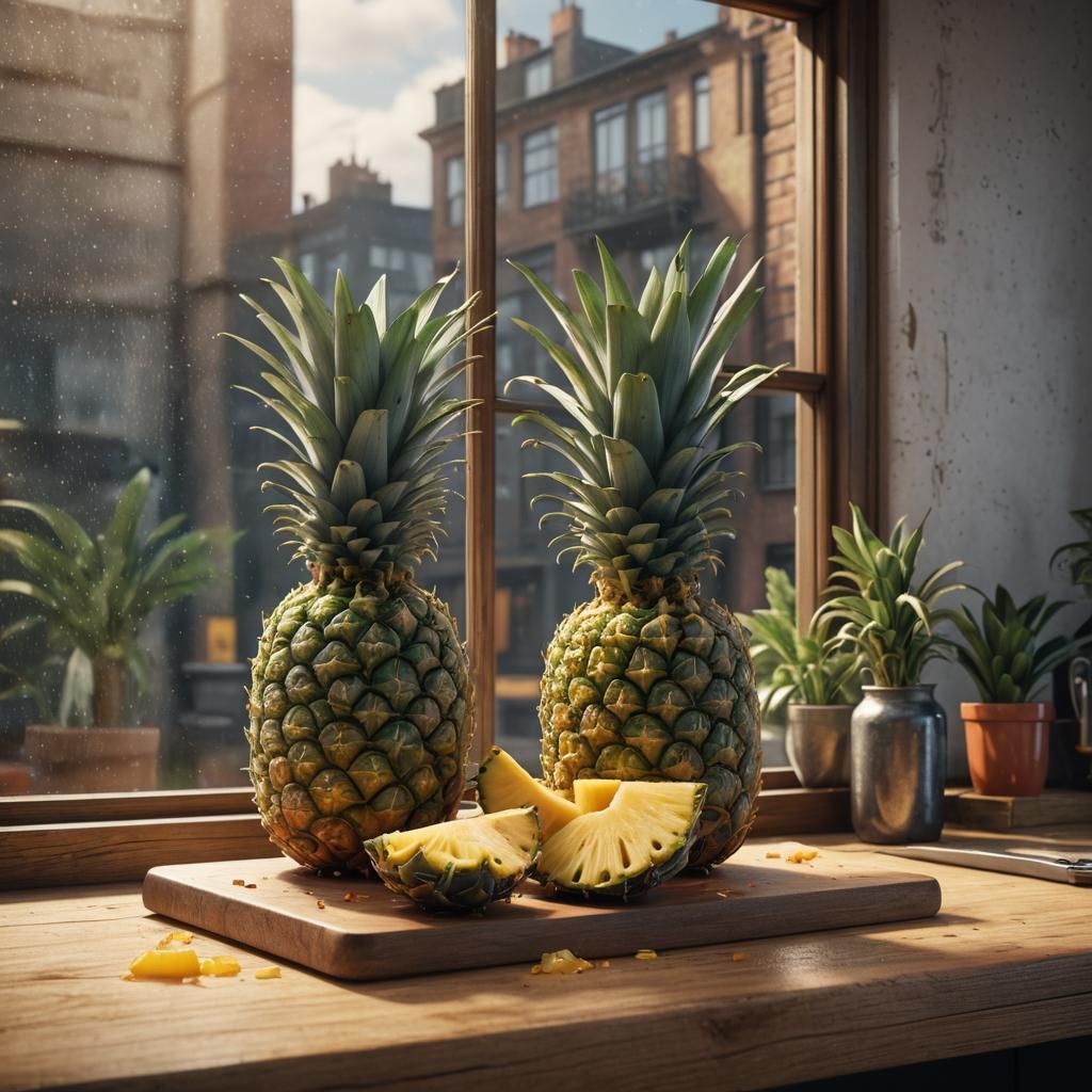 Pineapple Halves on Chopping Board: Detailed Matte Painting