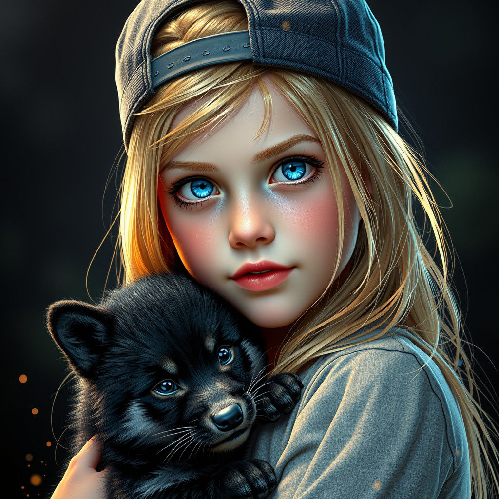 Girl with Wolf Pup: Hyperdetailed Digital Portrait