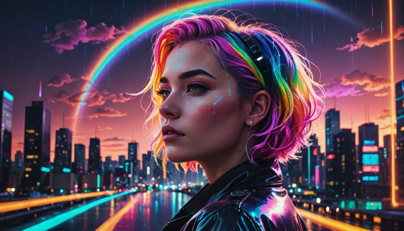 Neon Retrowave Woman Above Cityscape in Digital Art