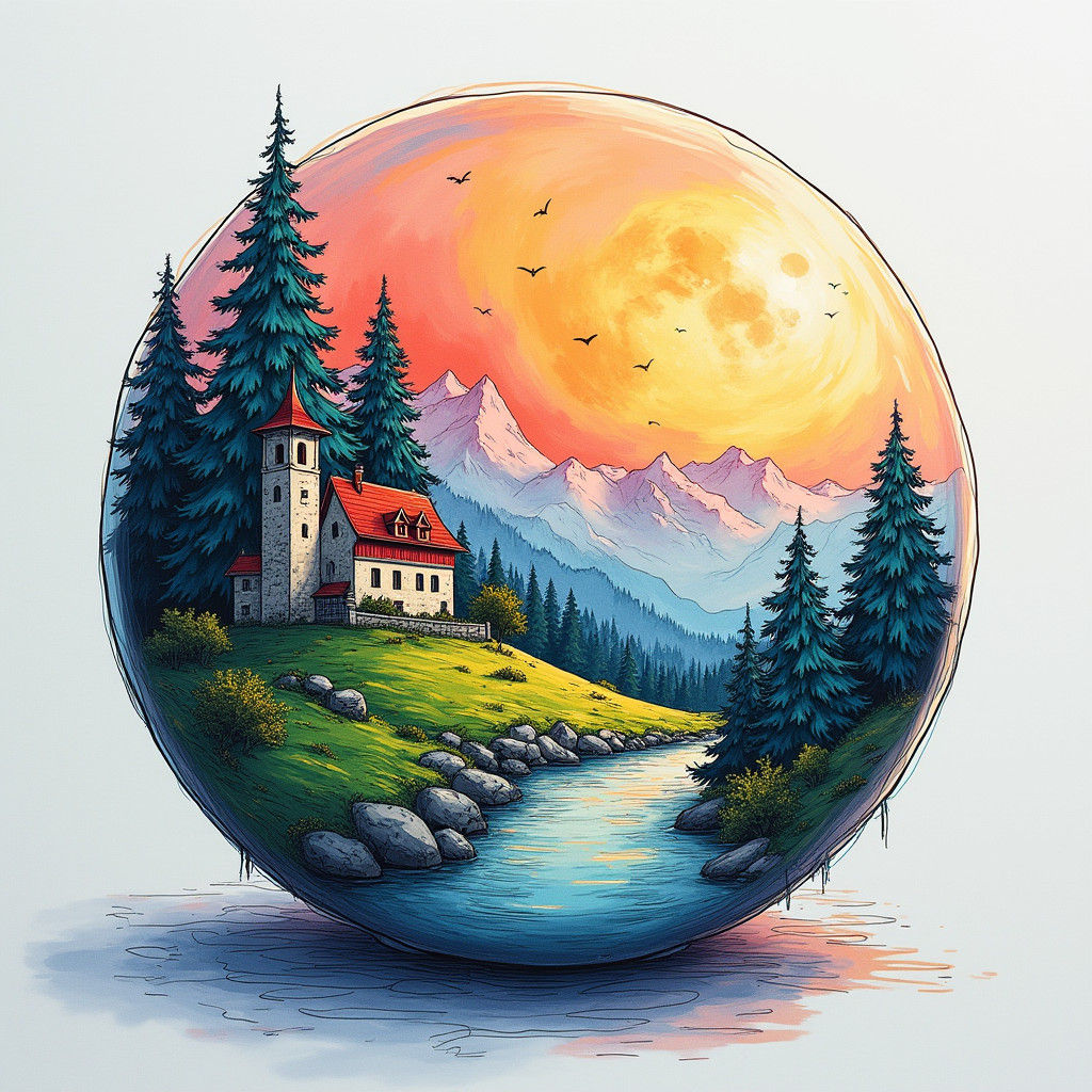 Hyperrealistic Doodle Swiss Landscape Flying to the Moon