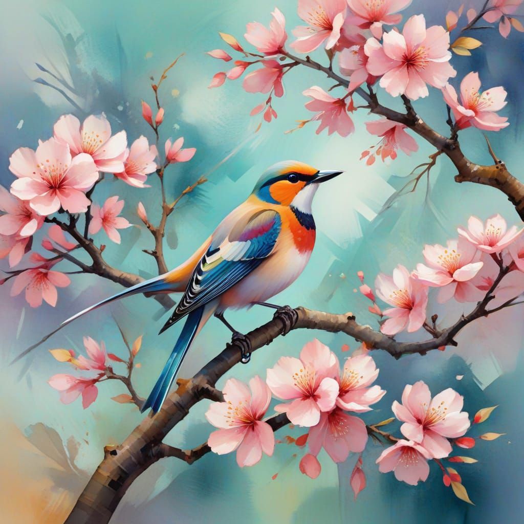 Cubist Blossom Tree Bird in Vibrant Pastel Colors
