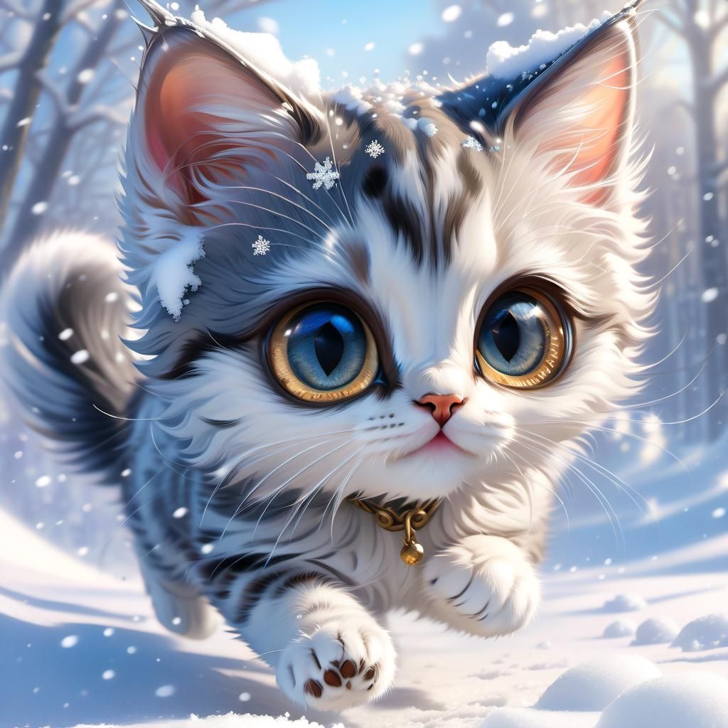 Adorable Kitten Runs in Snowy Anime Portrait