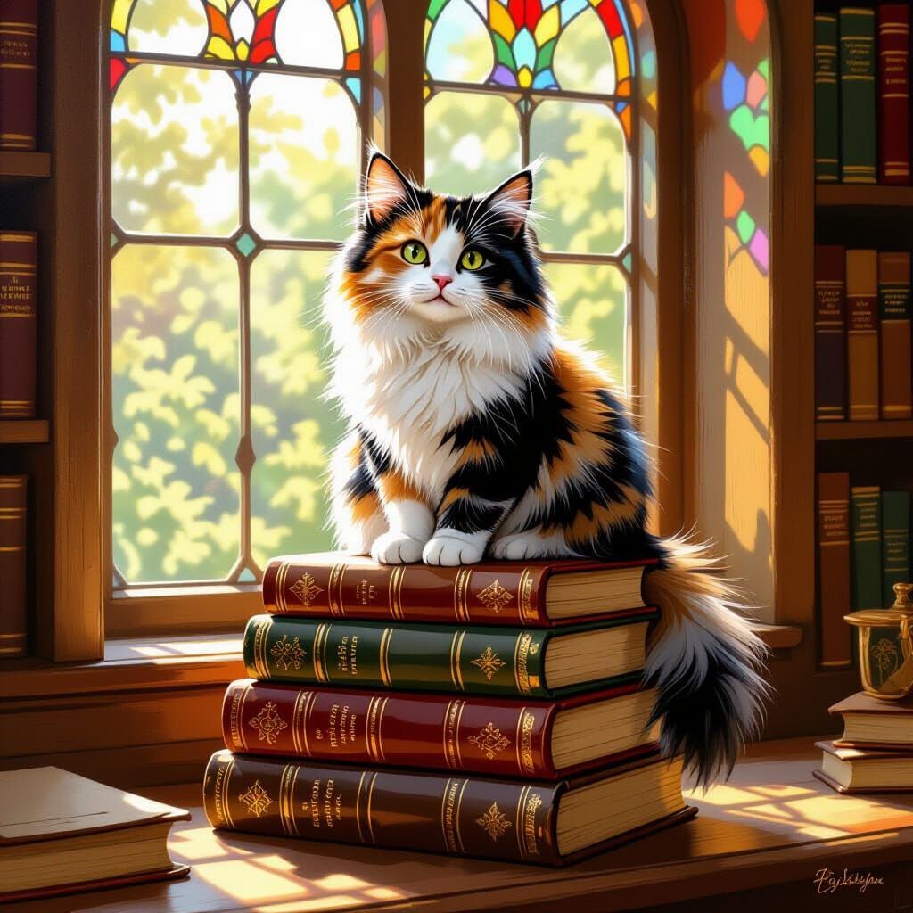 Calico Cat in Sunlit Library, Whimsical Illustration