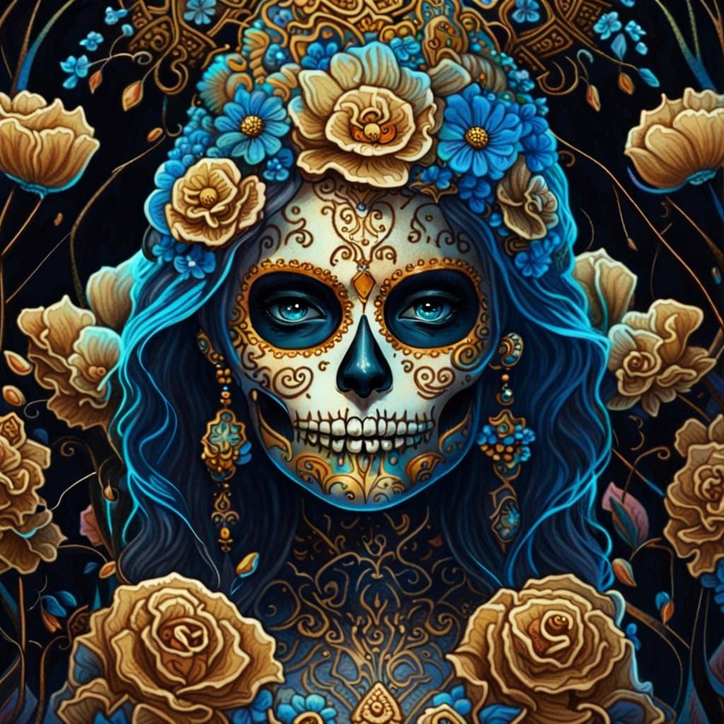 Intricate Catrina with Bioluminescent Skull, Digital Art