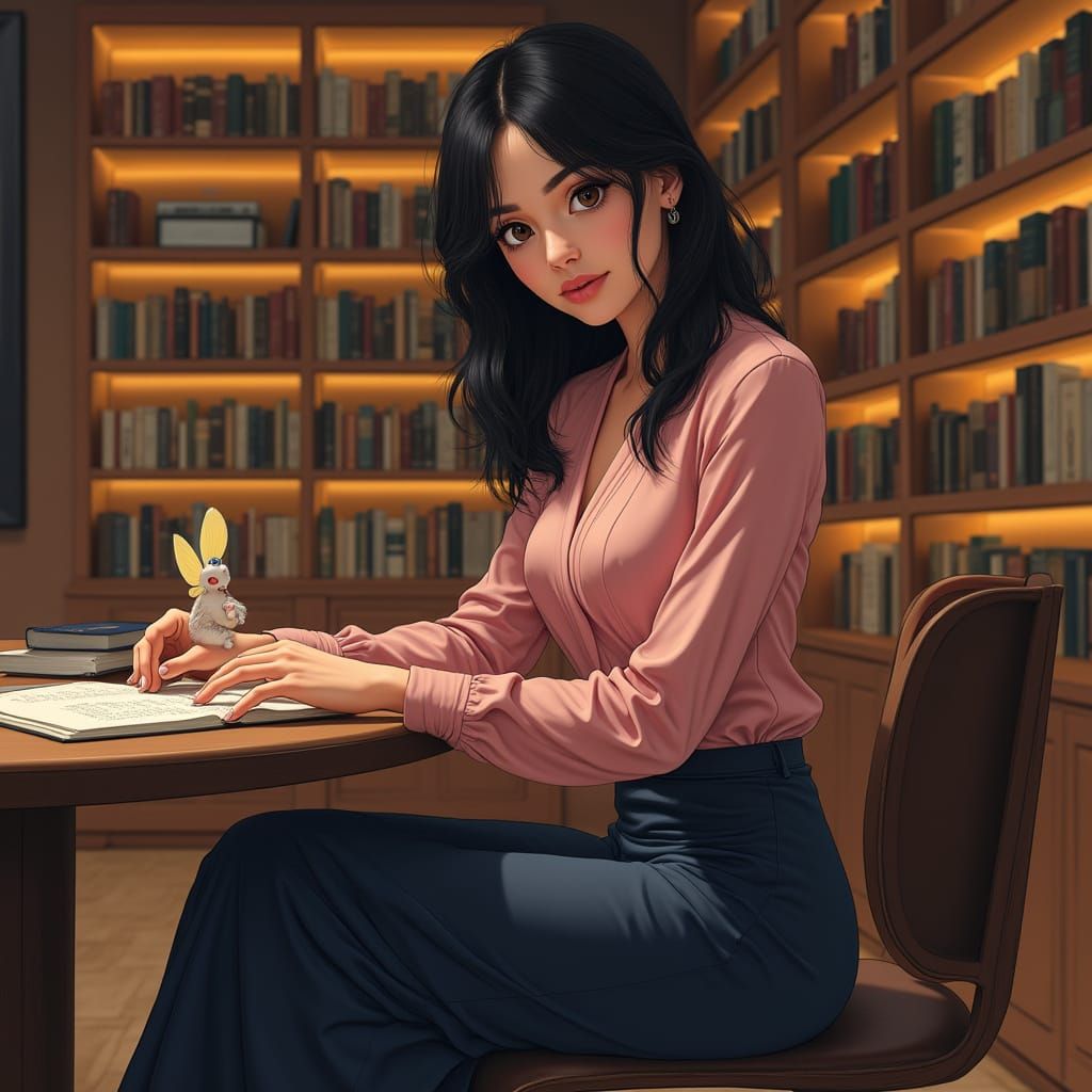 Spanish Woman in Library: Hyperrealistic Digital Portrait
