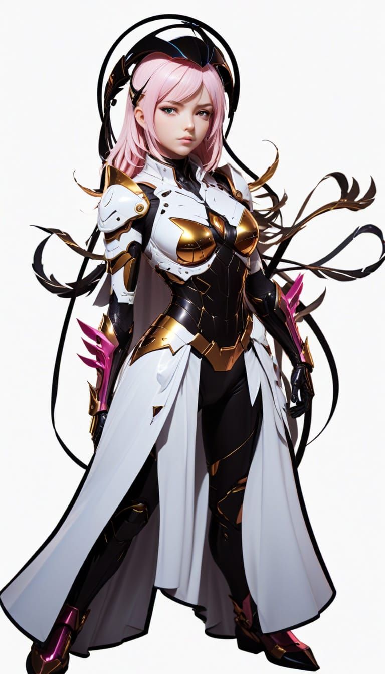 Confident Futuristic Warrior in High-Tech Bodysuit and Feath...