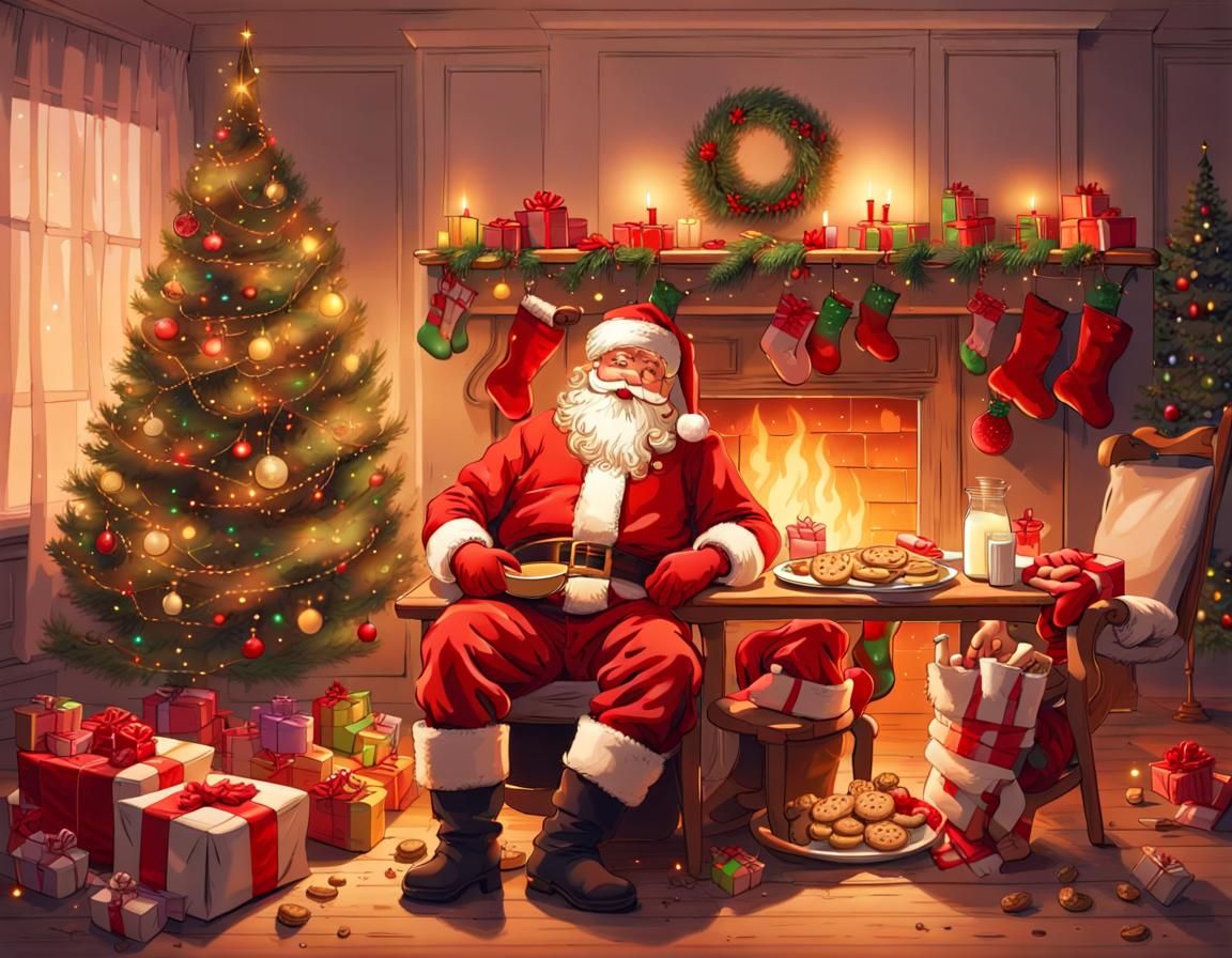 Santa Claus in the Livingroom Taking a Snooze After Delivering All the Presents Under the Xmas Tree