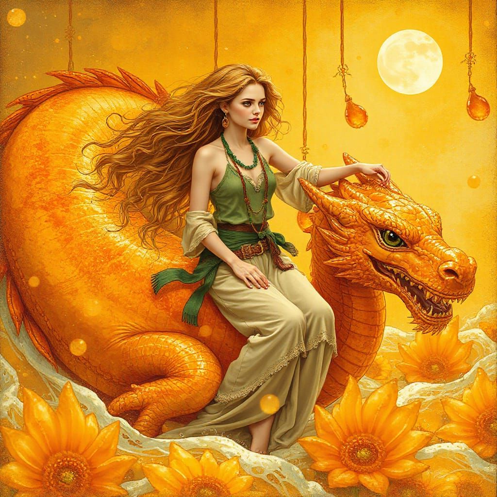 Woman on Gummy Dragon in Effervescent Soda Sea