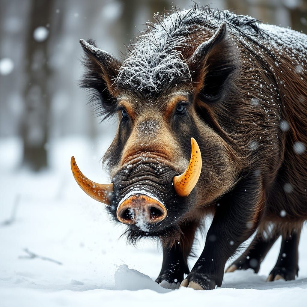 Battle-Scarred Wild Boar in Winter Forest, Photorealistic Im...