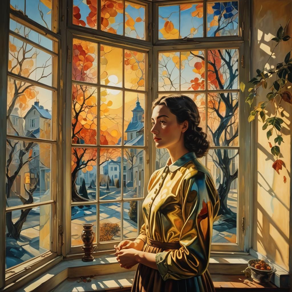 Girl at Window with Seasons, in Surreal Style