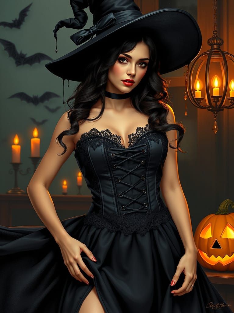 Vintage Witch Illustration in Gothic Nocturne Scene