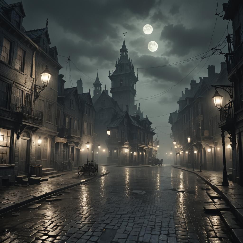Eerie Innsmouth Town at Night in Dark Surrealism Style