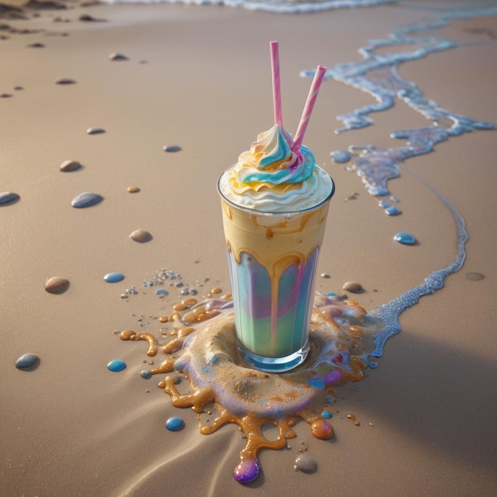 Iridescent Milkshake on a Misty Beach