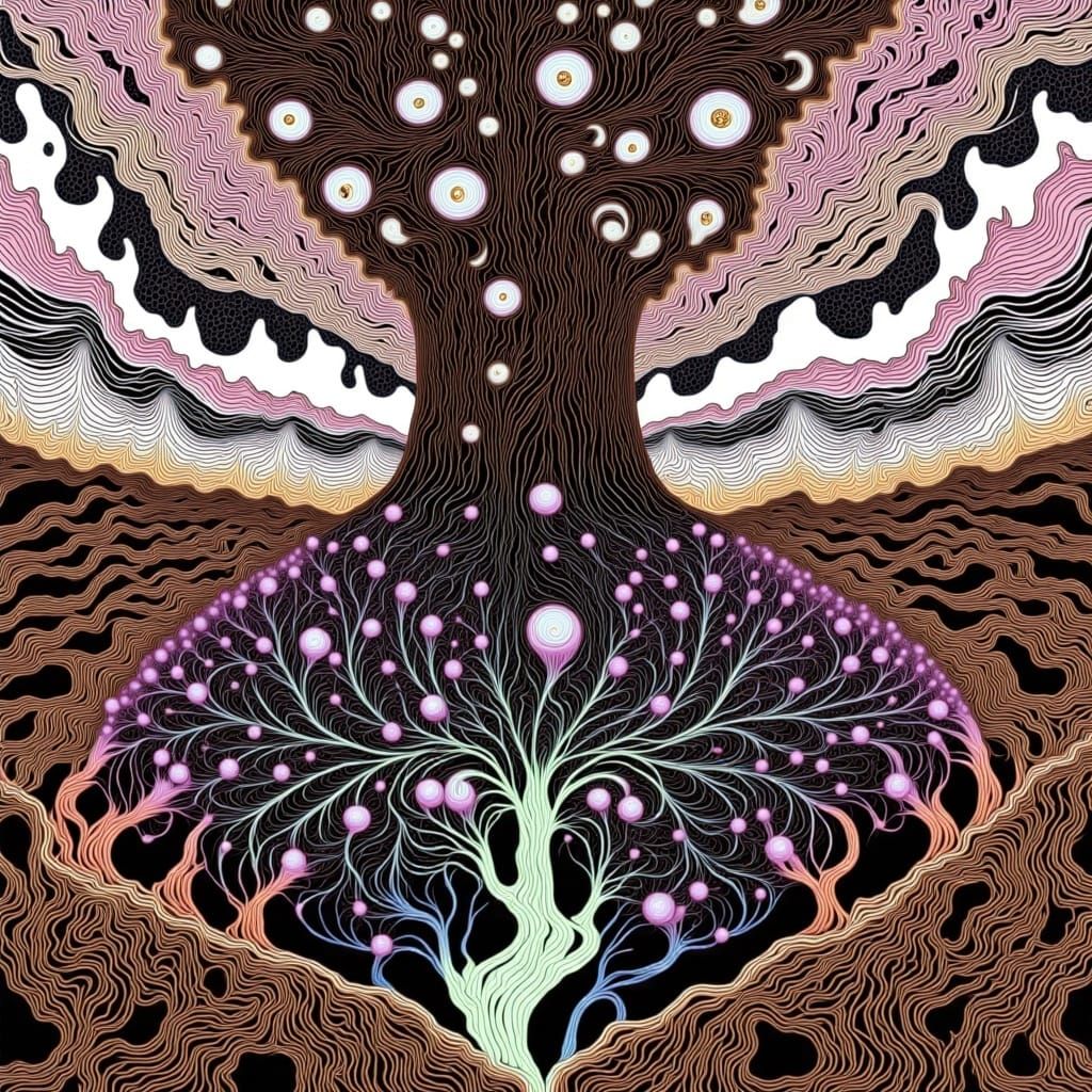 Dreamlike Amoeboid Tree in Pink and Blue Gouache