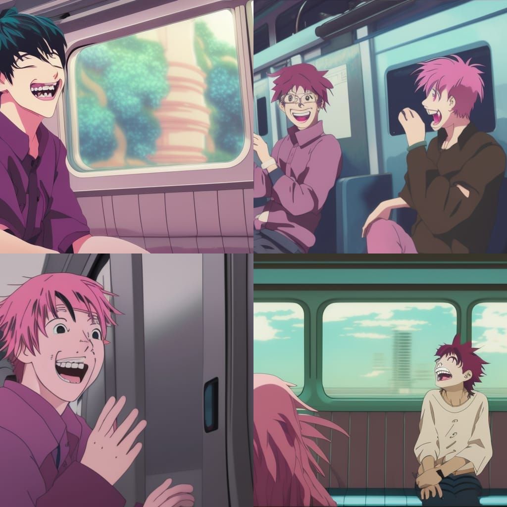 Laughing Pink Haired Boy on Train, Ghibli Style