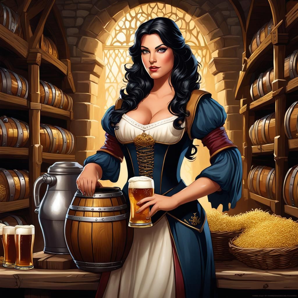 Voluptuous Medieval Barmaid Serving Ale, Hyperrealistic Art