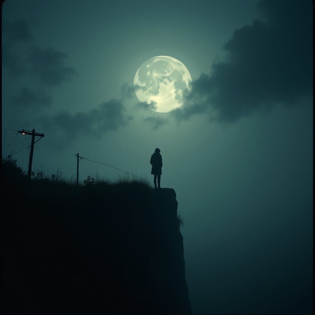 Lone Figure on a Stormy Cliff at Moonlight
