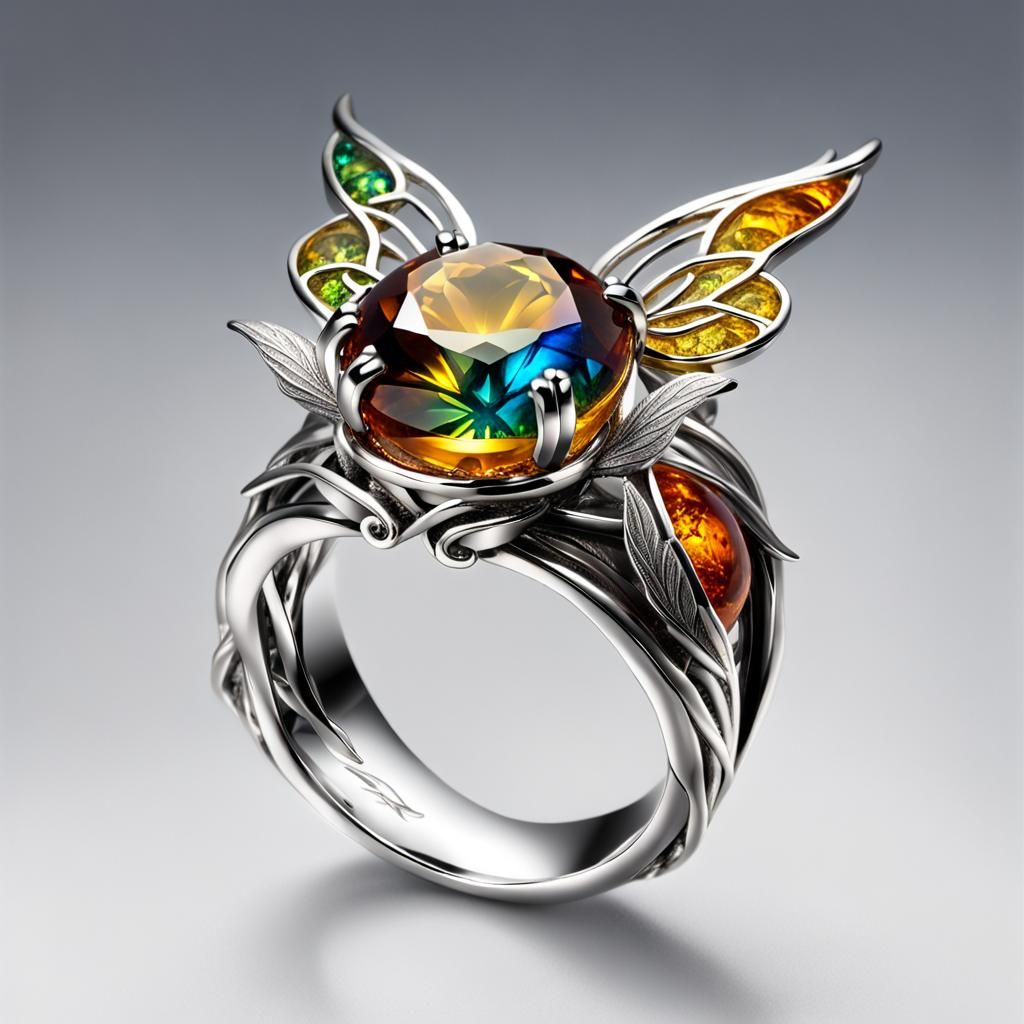 Rainbow Gem Ring with Silver and Amber Wings